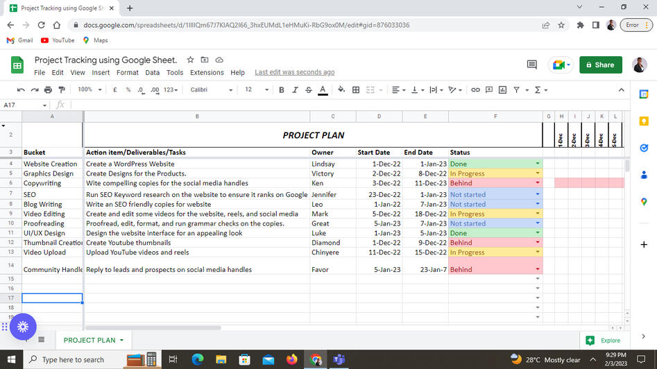 Project Tracking using Google sheet